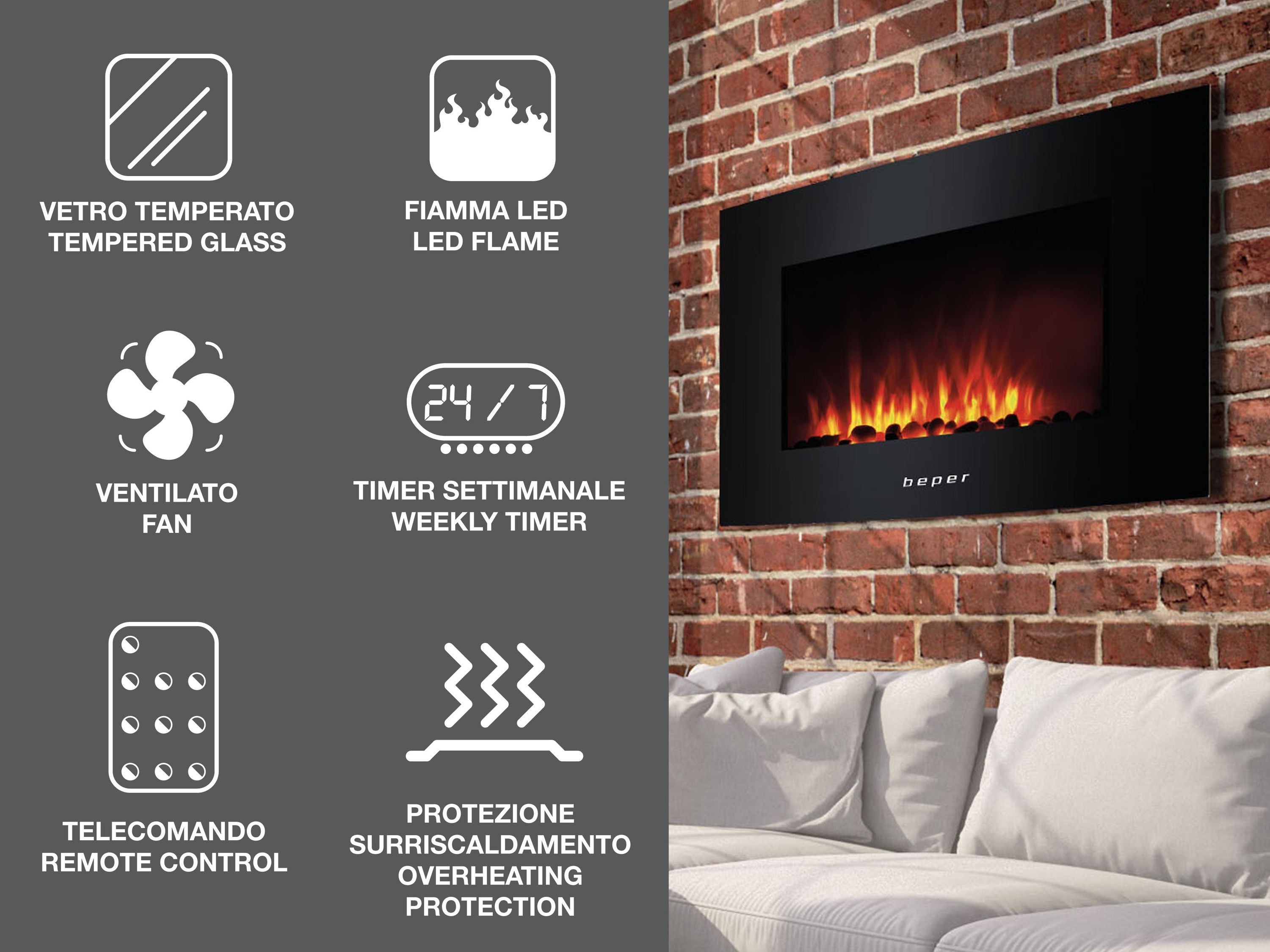 BEPER RI.503: Lareira eléctrica de parede, com controlo remoto, efeito de chama com 5 níveis de intensidade, modo de aquecimento, 52x66x15 cm - 2