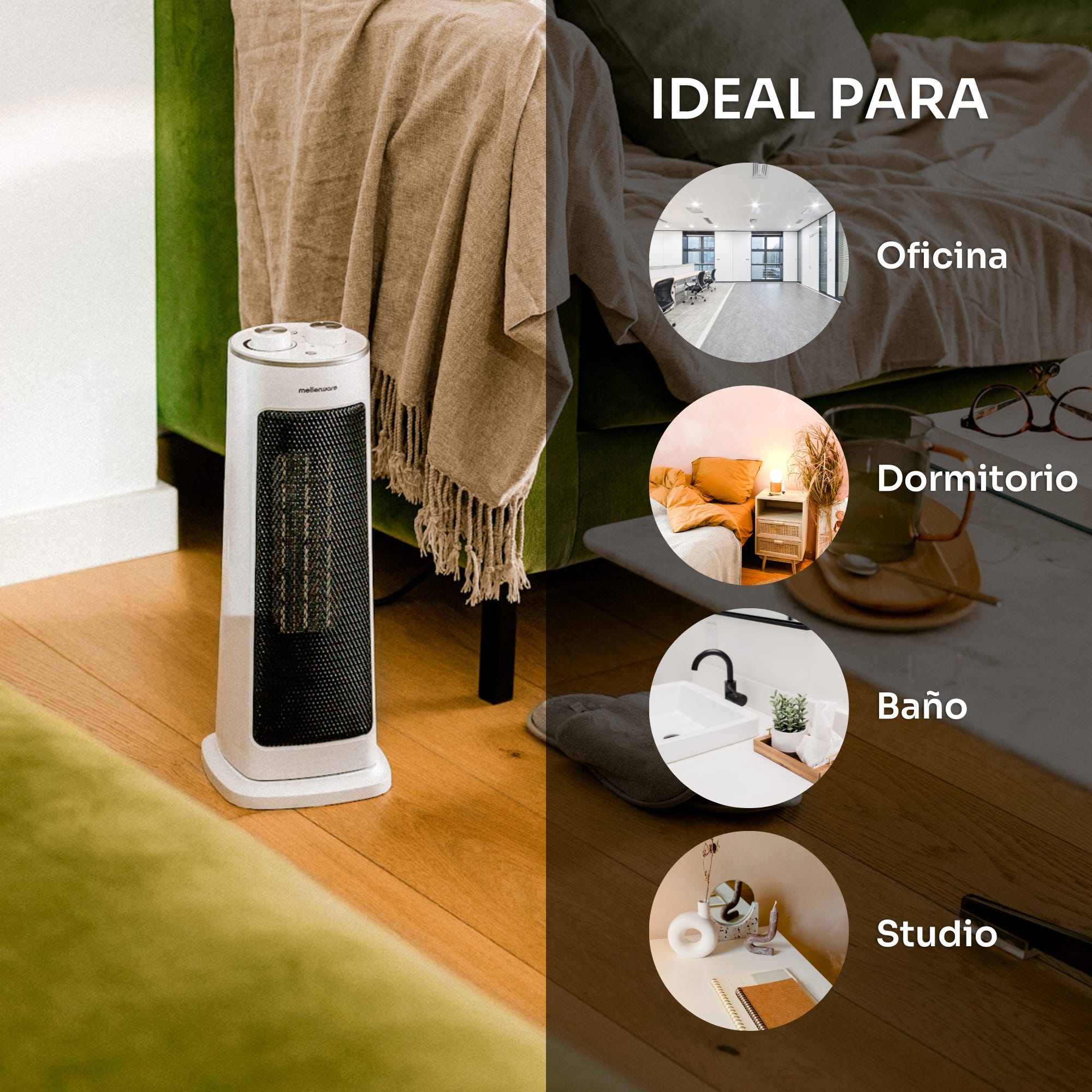 Aquecedor cerâmico oscilante Mellerware - Homy! 2000W | 3 funções (incluindo ventilador) | Termostato ajustável | Desligamento automático | <40dB | Co - 4