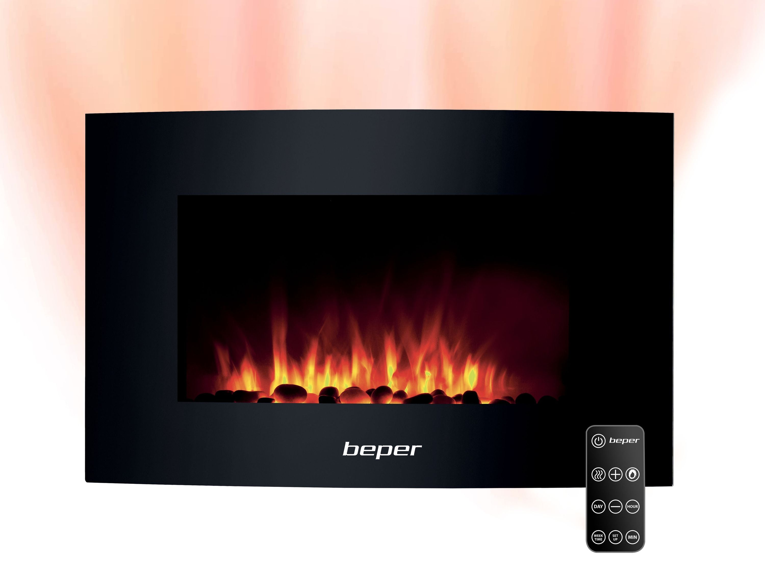 BEPER RI.503: Lareira eléctrica de parede, com controlo remoto, efeito de chama com 5 níveis de intensidade, modo de aquecimento, 52x66x15 cm - 1