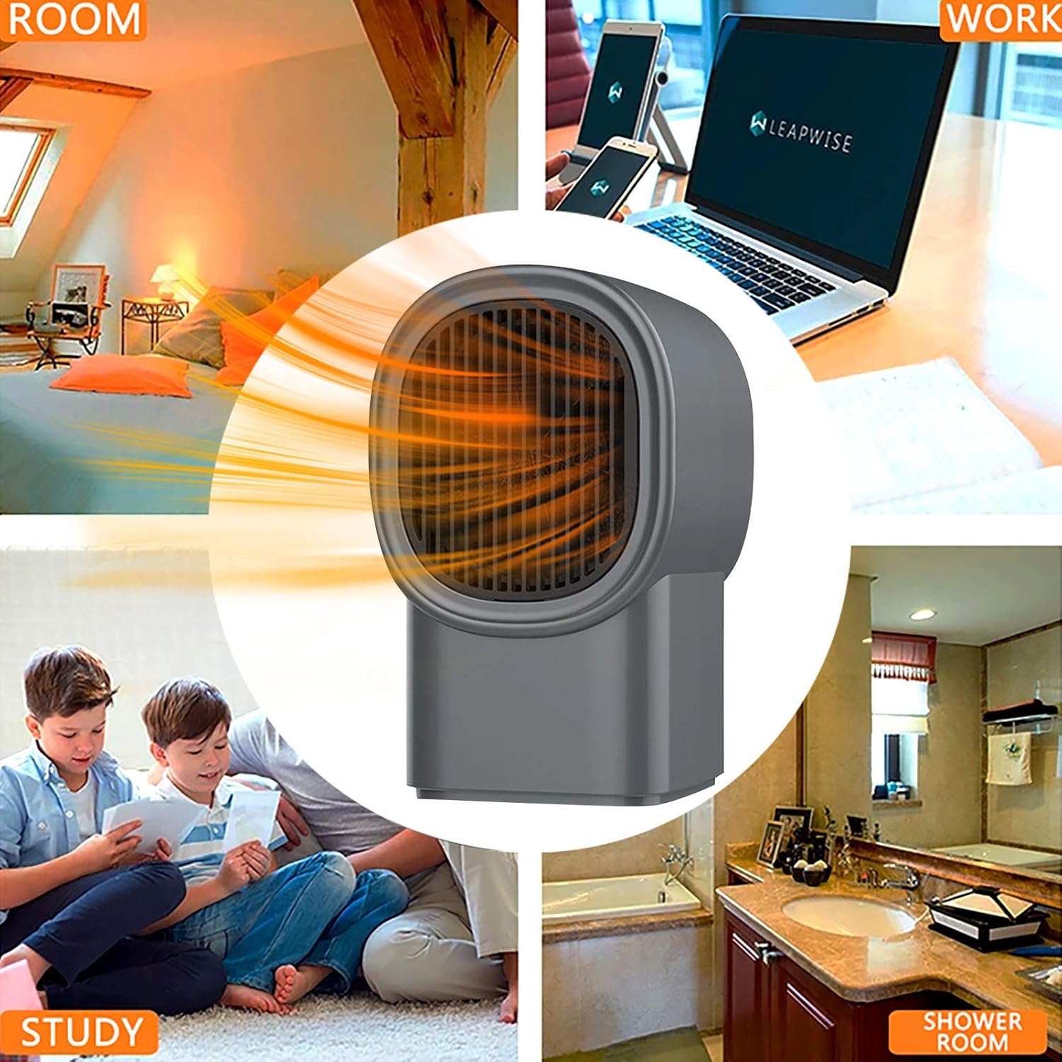 (Preto) Mini Aquecedor Elétrico Portátil com Ventilador, Aquecedor de Ambientes de Cerâmica para Casa, Baixo Consumo de Energia, Silencioso, Recarreg - 5