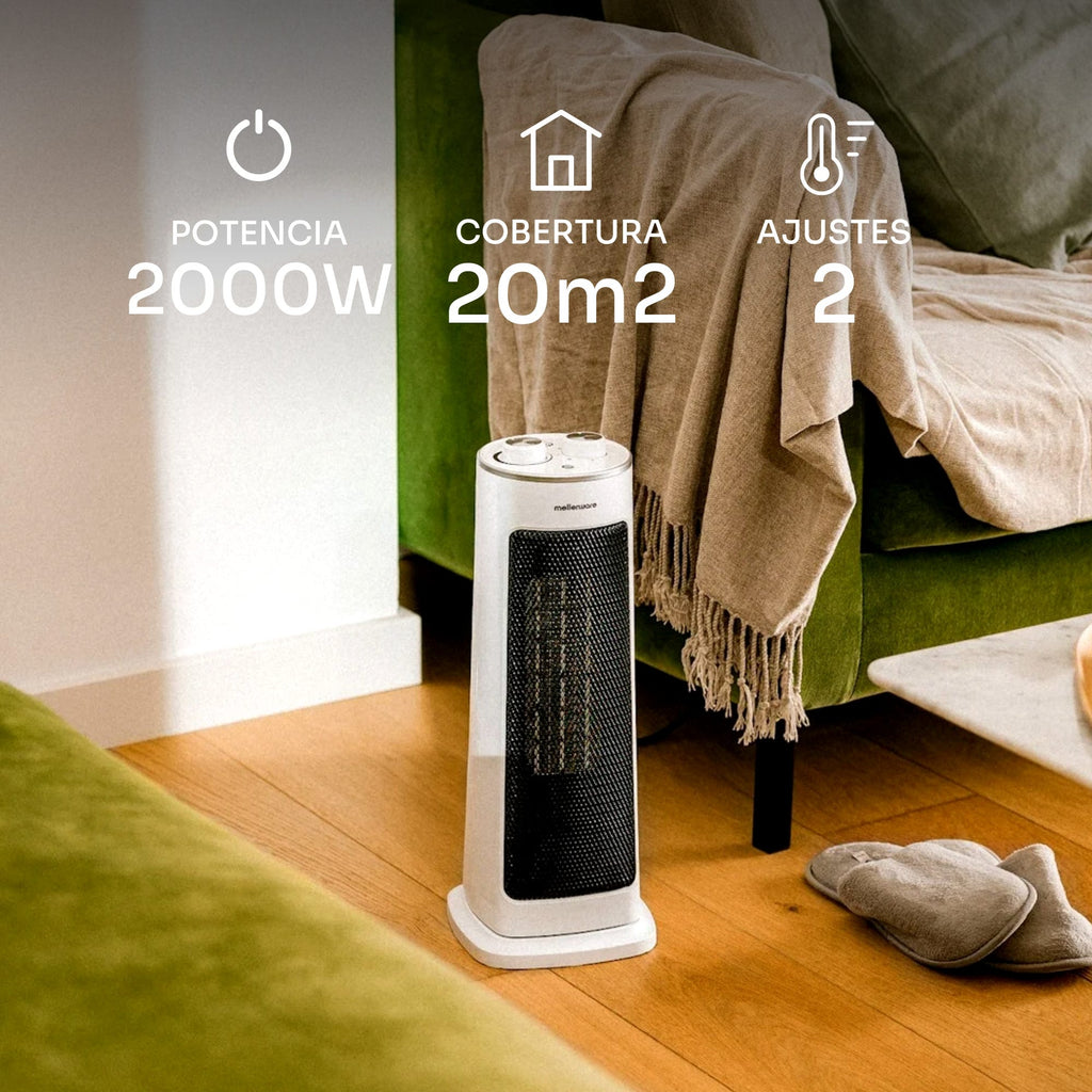 Aquecedor cerâmico oscilante Mellerware - Homy! 2000W | 3 funções (incluindo ventilador) | Termostato ajustável | Desligamento automático | <40dB | Co - 2